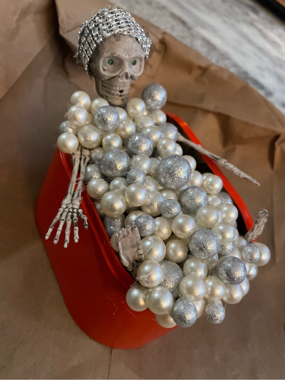 Halloween Skeleton Decor in Red Tub with Pearl & Silver Ornaments